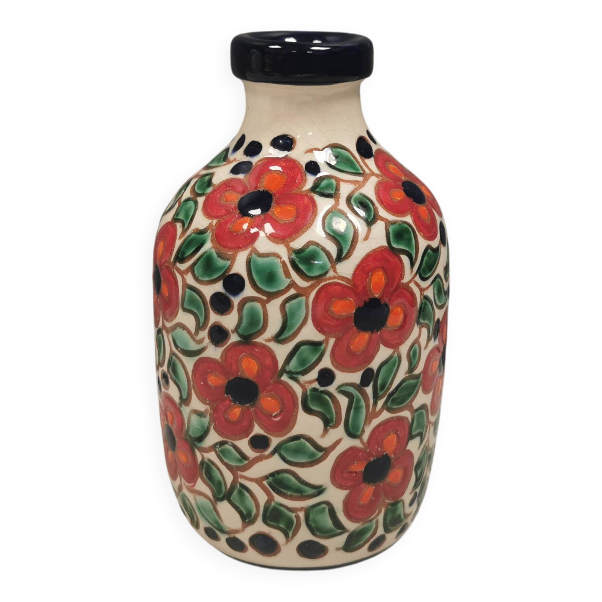 A mid-century vase with painted flowers. Portugal, 1950-60s. Majolica style