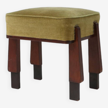 Élégant tabouret/pouf art déco avec revêtement vert (3 pièces), France années 1930