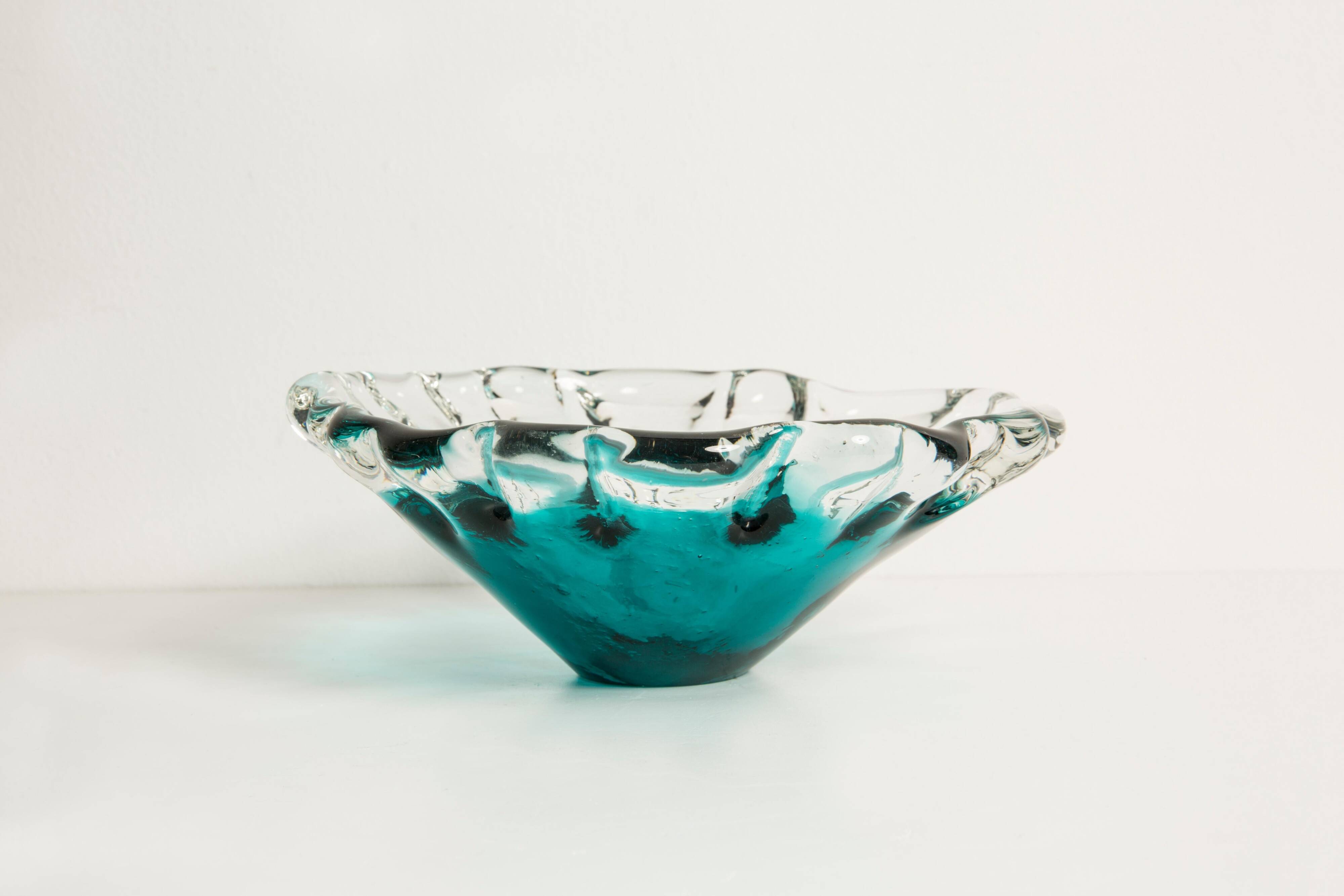 Blue aqua crystal glass bowl, mid-century, Italy, 1970s.