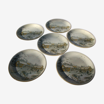 6 flat plates english faience biltons - landscape village