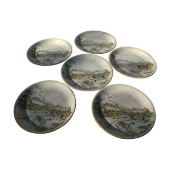 6 flat plates english faience biltons - landscape village
