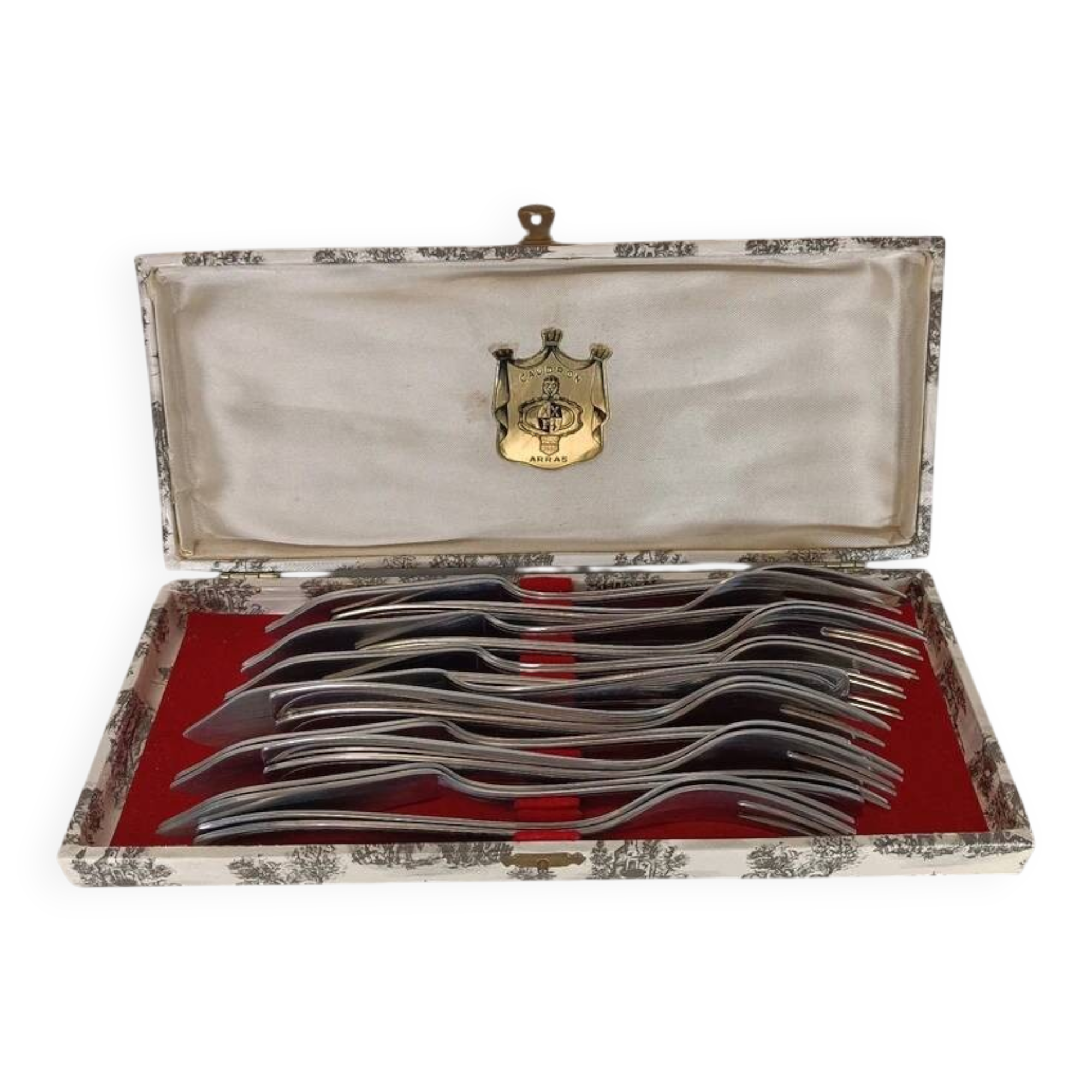 Service à poisson vintage 24 pièces avec coffret toile de Jouy – métal