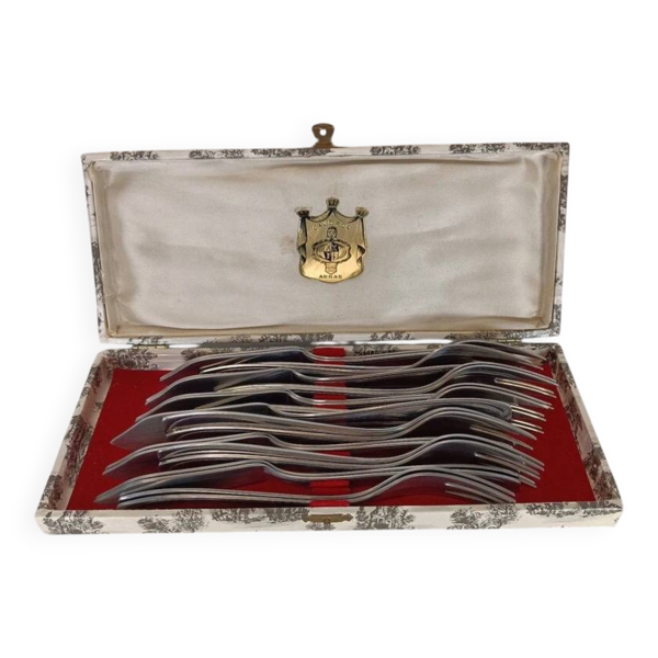 Service à poisson vintage 24 pièces avec coffret toile de Jouy – métal