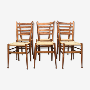 Series of 6 Italian beech chairs and ropes design 1960