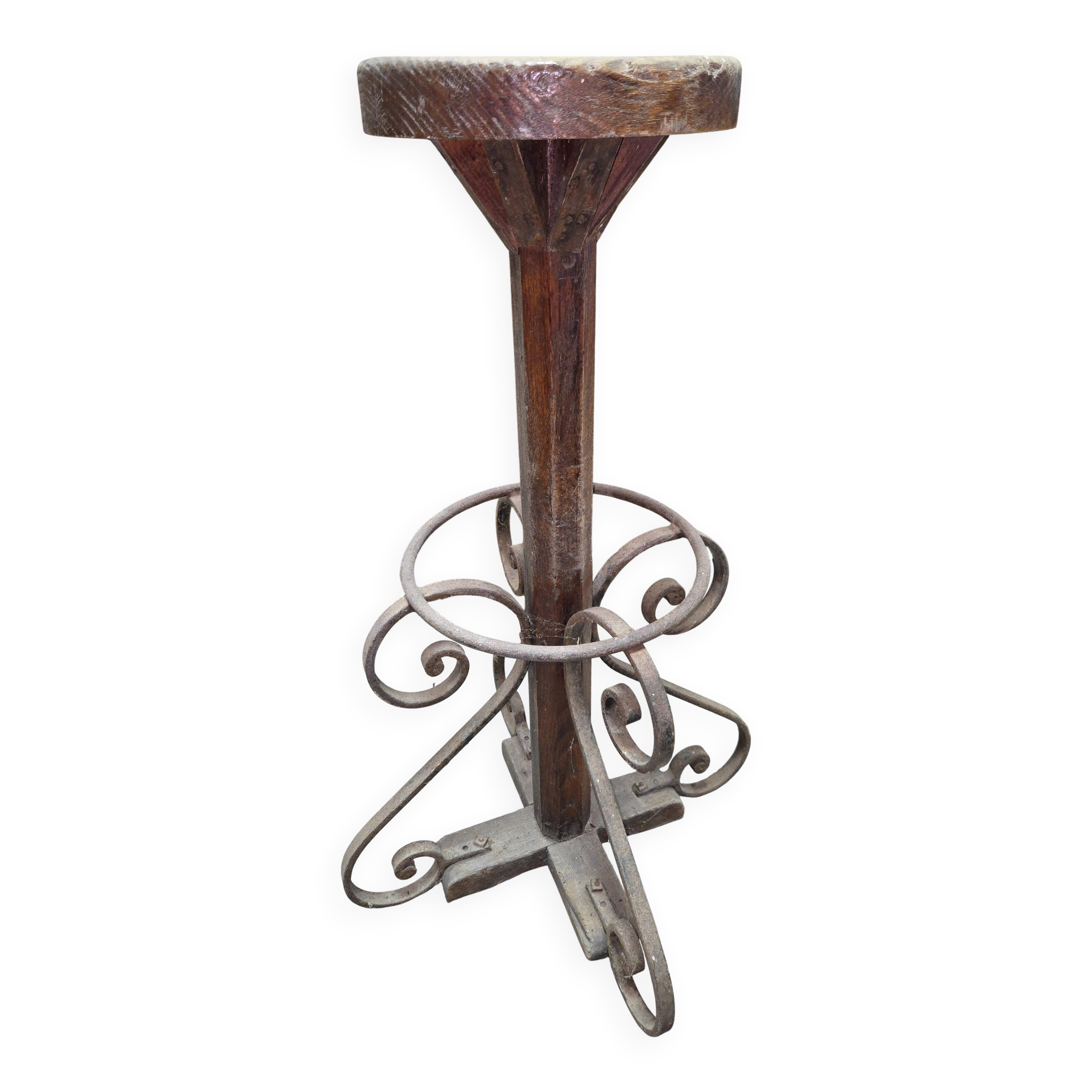 Tabouret d’atelier ancien bois et fer forgé – H 82 cm