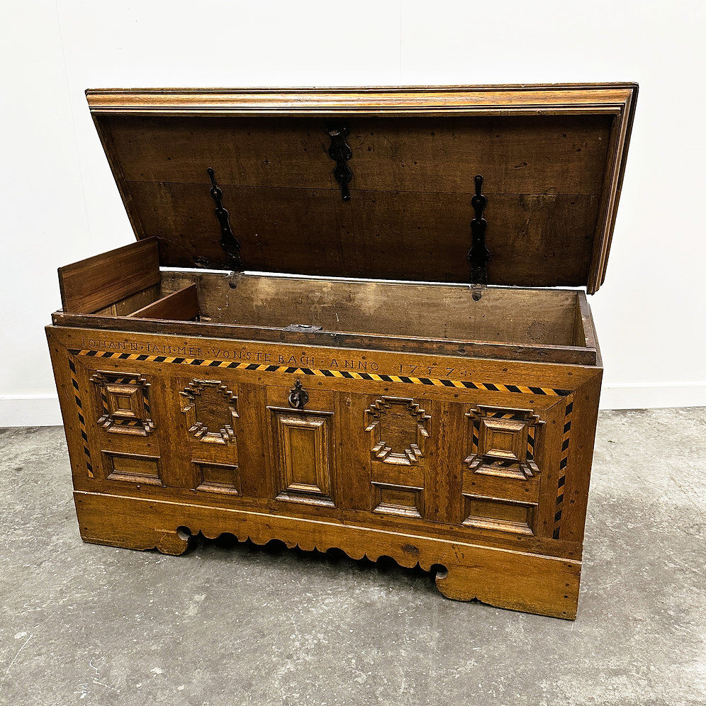 18th century German Baroque travel trunk – dated 1737 – with ebony inlay