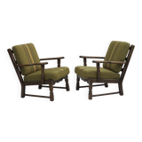 1970s, pair of Danish armchairs, original green furniture wool, oak wood.