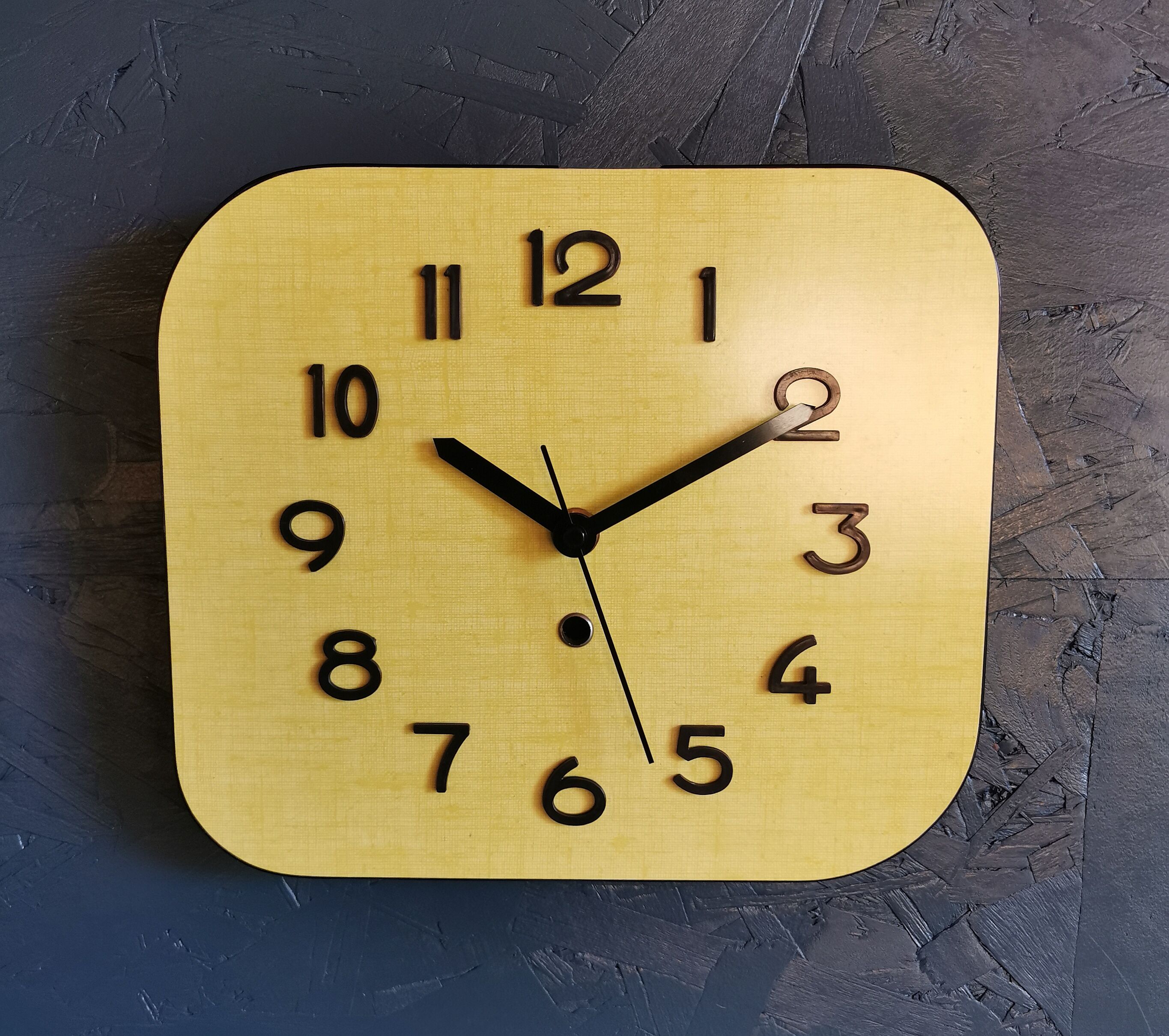 Vintage clock formica rectangular silent wall clock "Sun yellow"
