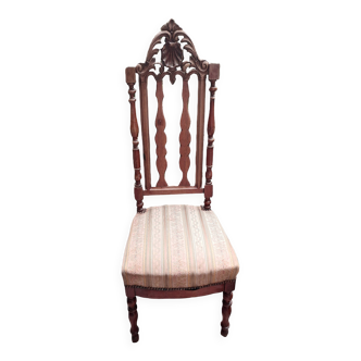 Nanny Chair Napoleon III in dark varnished wood with striped fabric seat 1