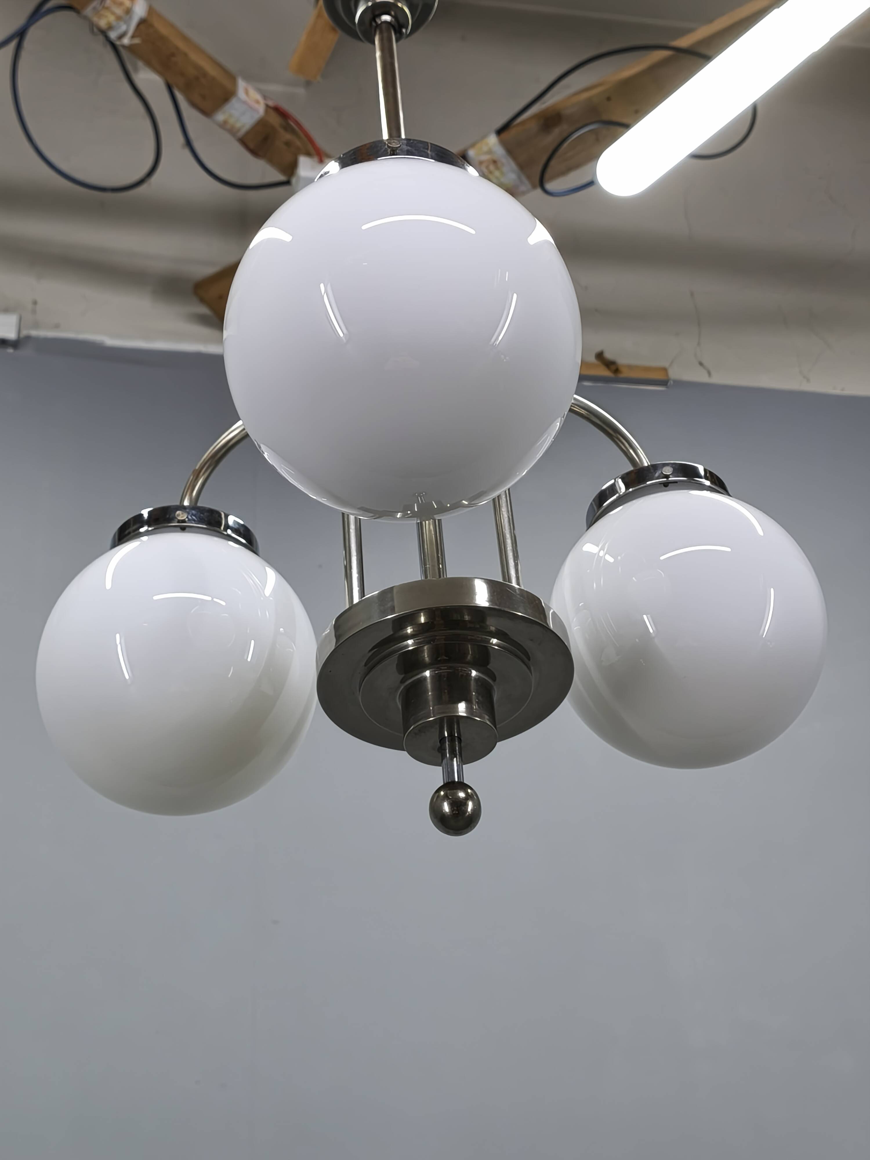 1930s Czech Art Deco Chandelier with Three Opaline Glass Globes