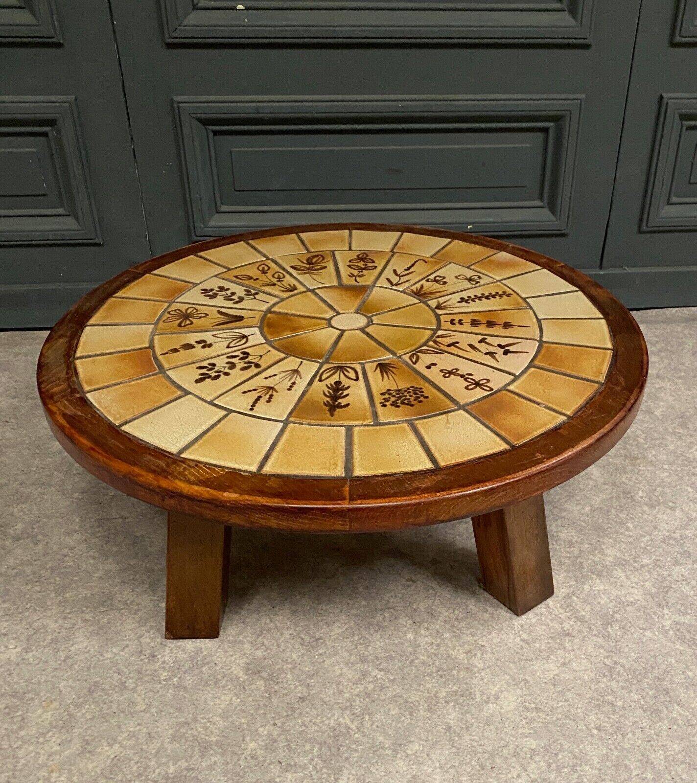 Brutalist ceramic and wood coffee table in the style of Roger Capron