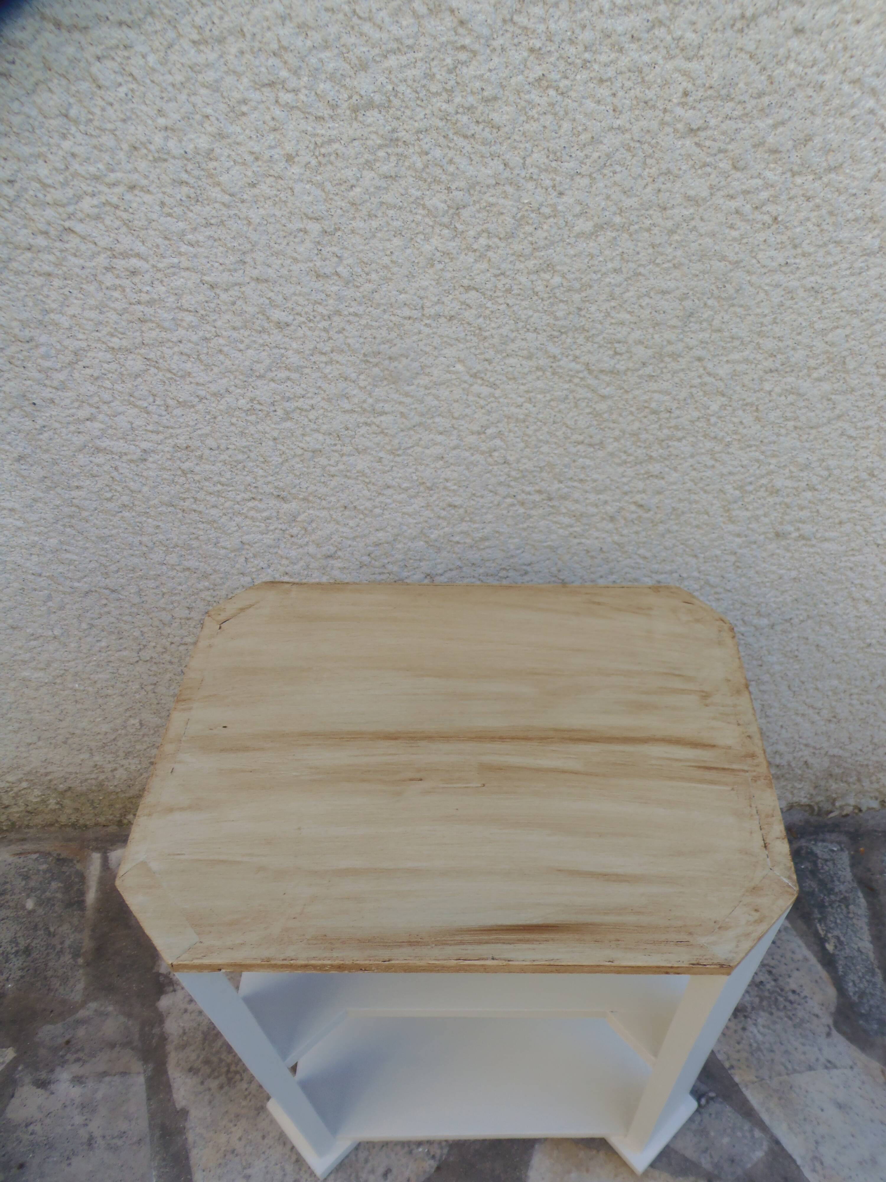 Vintage side table reimagined in beige, wooden tops.