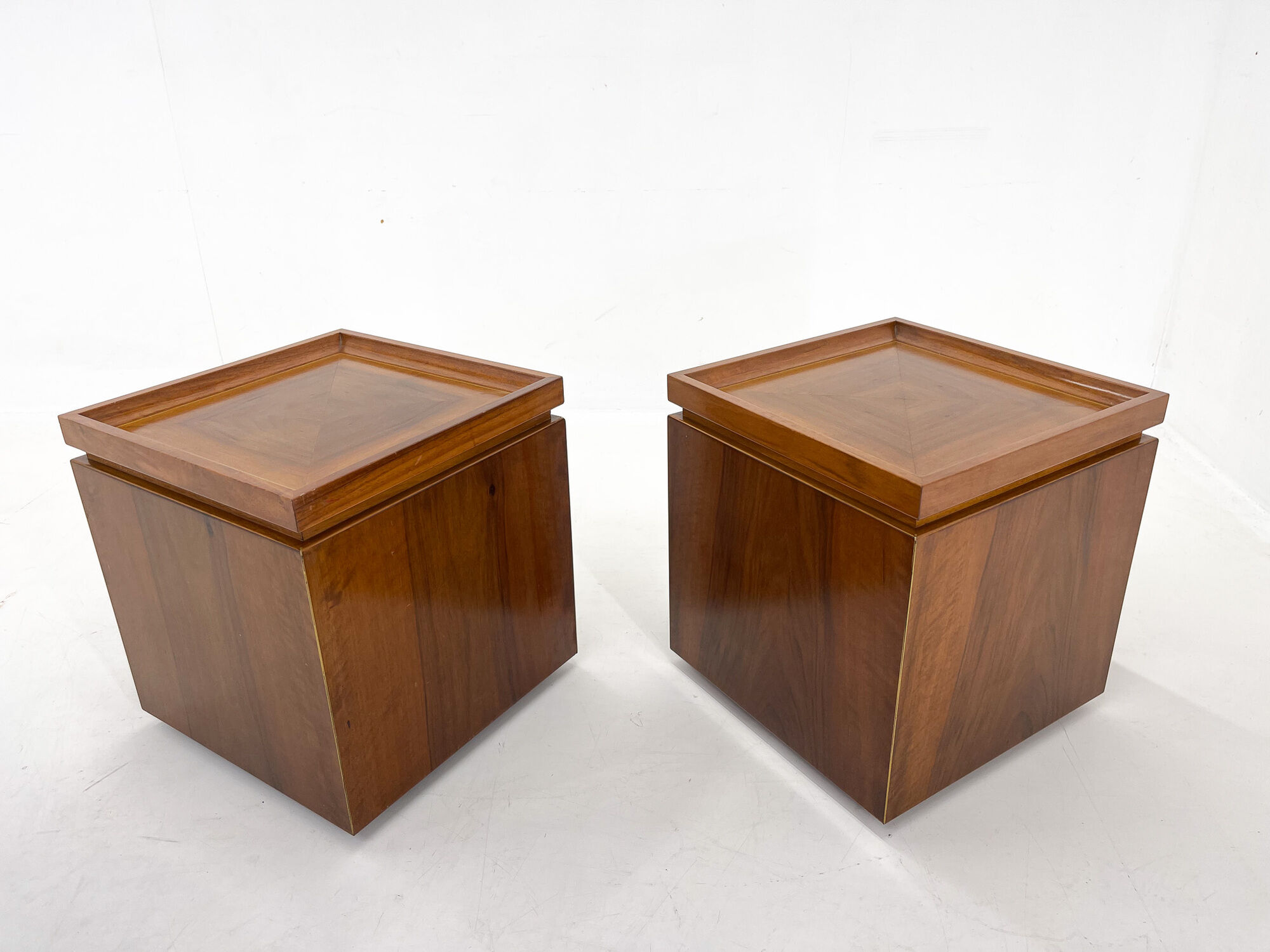 Set of walnut veneer side or night tables with brass detail, Italy 1950s