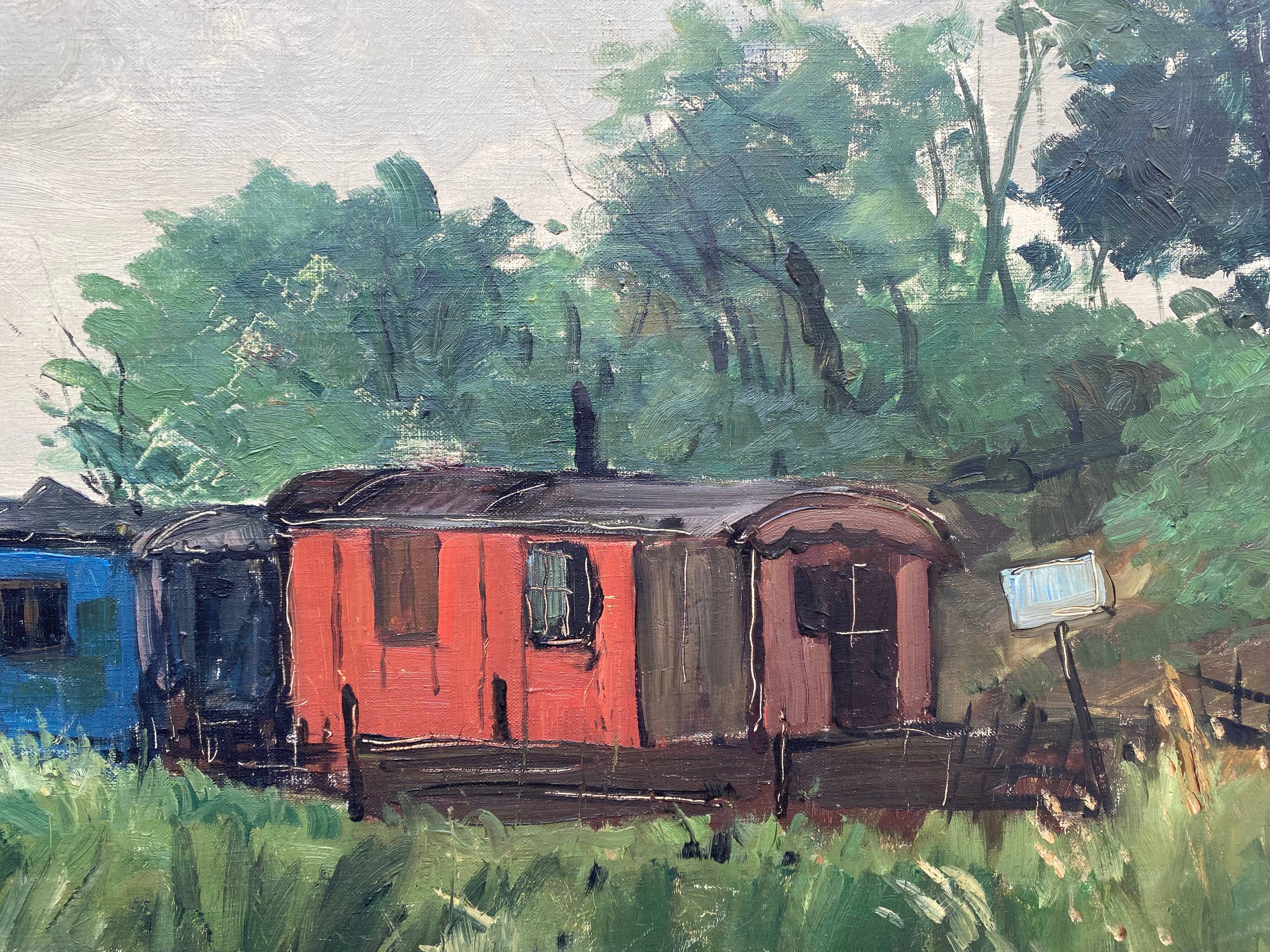 Tableau HST "Paysage aux roulottes" Gitans Tziganes signé