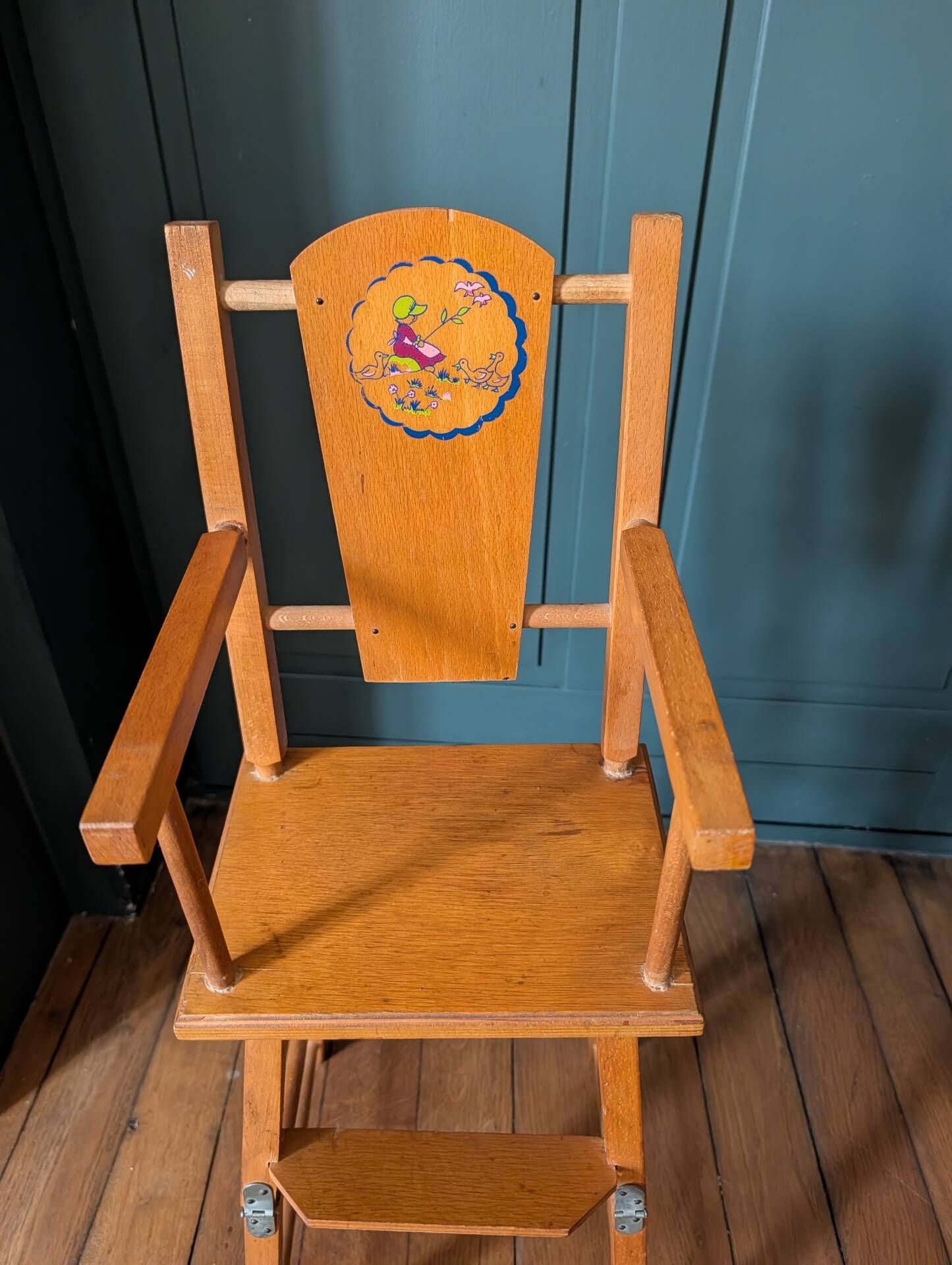 Doll high chair in wood – 1970s, foldable and on wheels