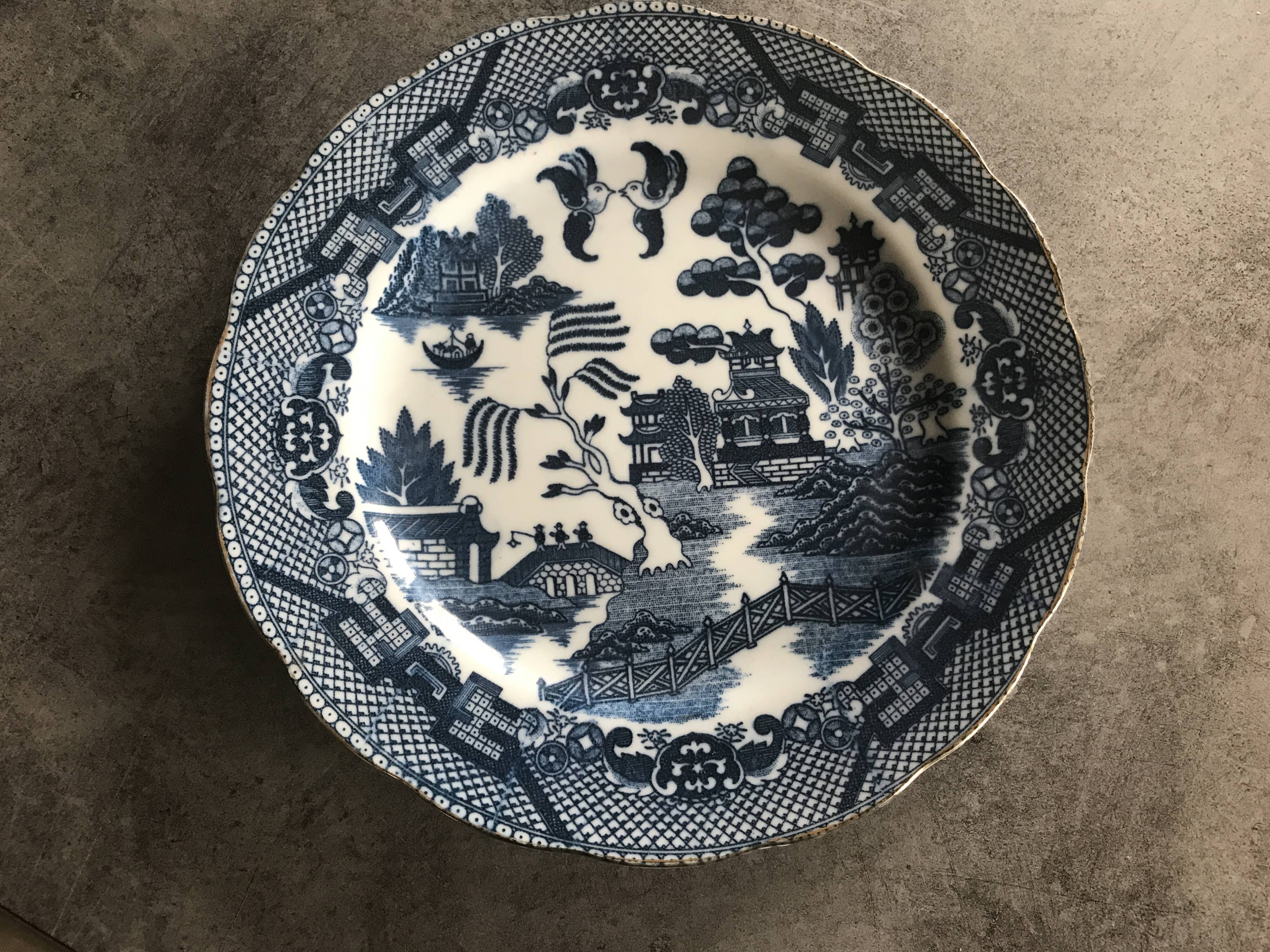 Old earthenware plate with decoration of landscape of asia 19.5 cm