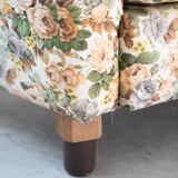 2-seater sofa, floral fabric, wooden structure, plastic and wooden legs, 1970