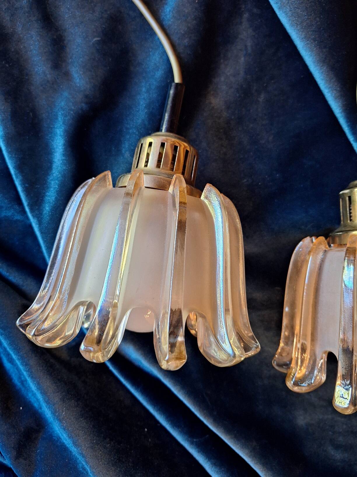 Set of 3 Doria pendant lights in brass and amber-coloured glass, 1960s