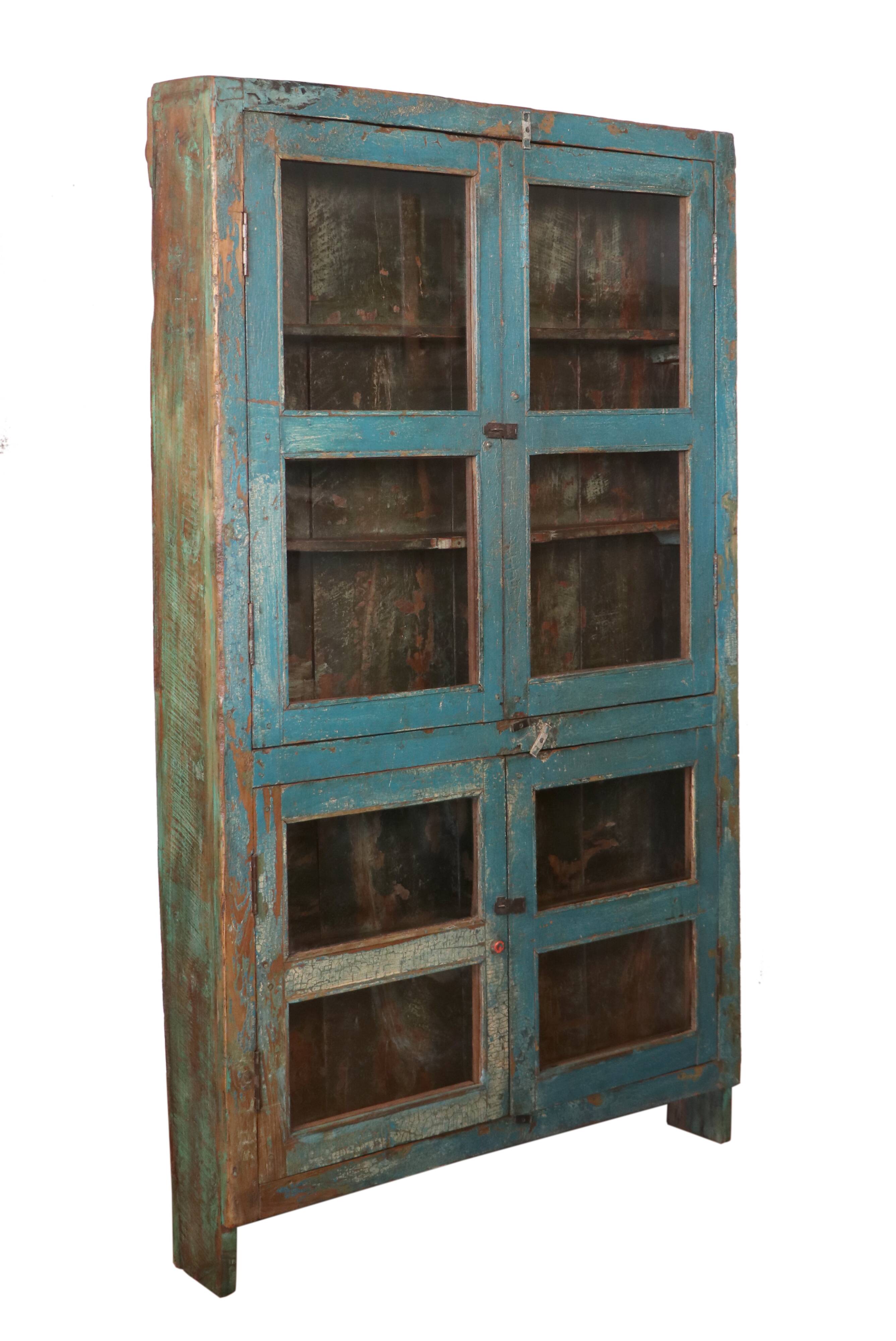 Old showcase in original blue patina Burmese teak