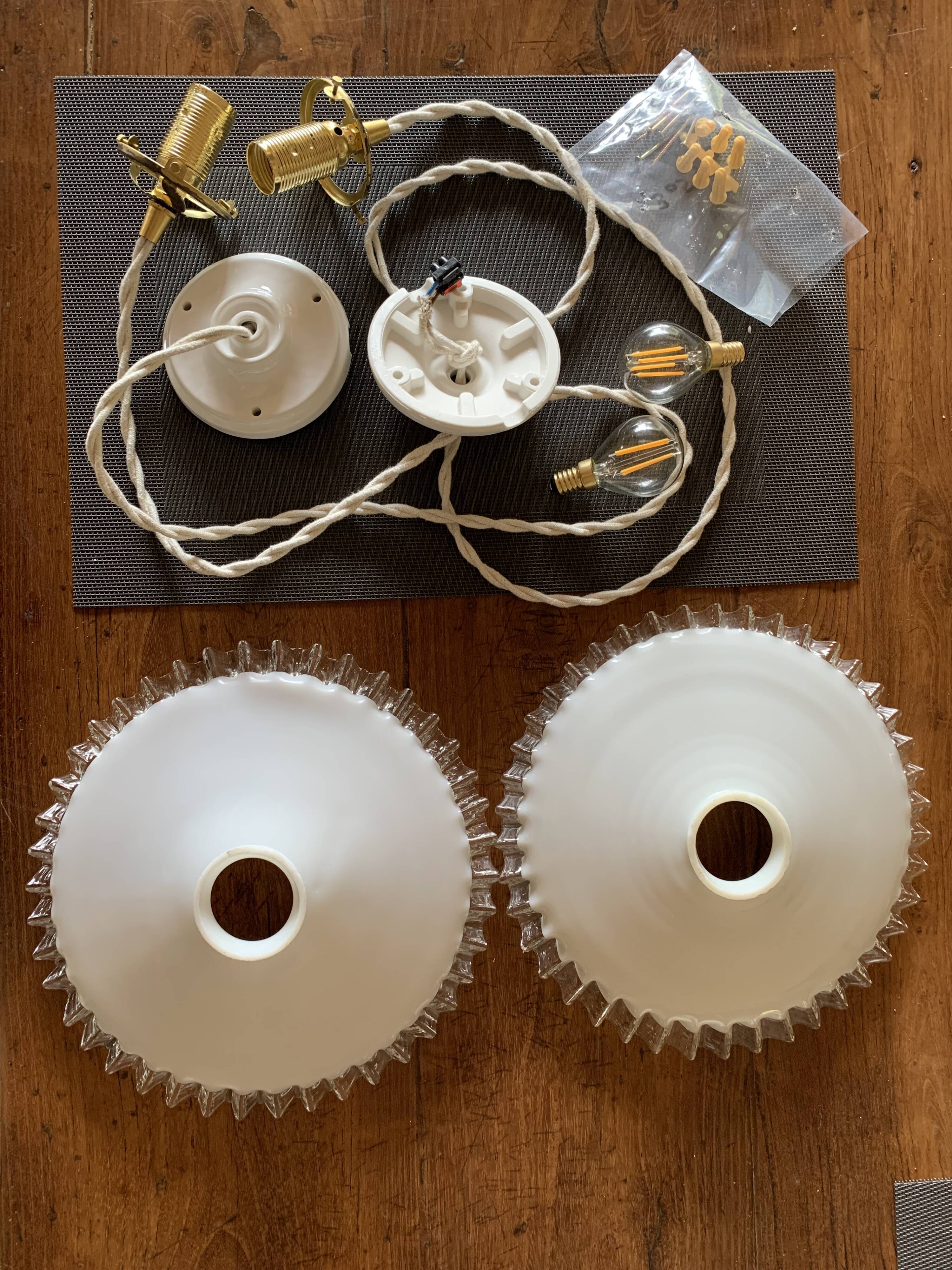 Pair of serrated opaline bistro pendant lamps