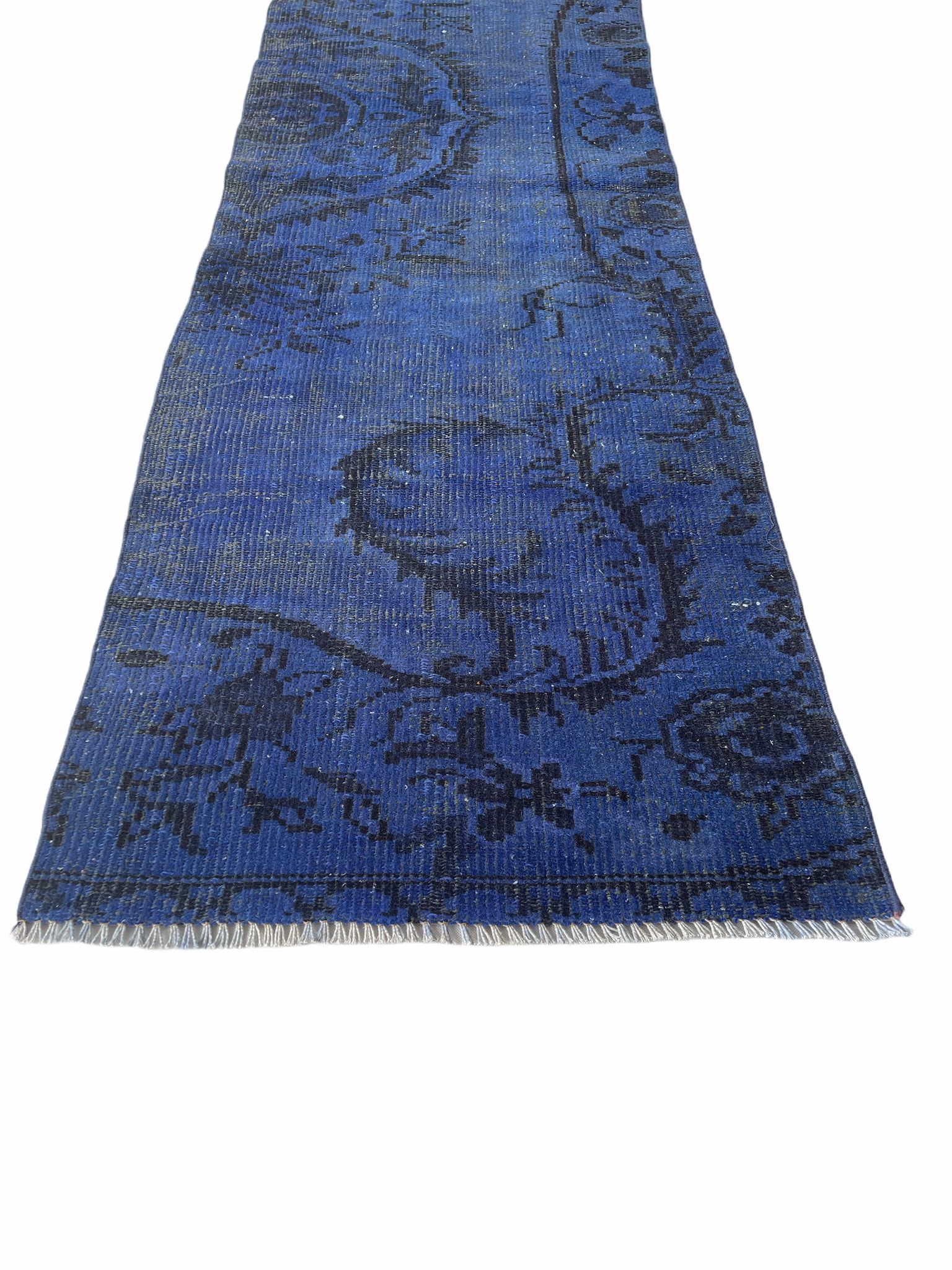 Distressed Turkish Narrow Runner 217 x 65 cm Wool Vintage rug, Over-dyed Blue