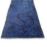 Distressed Turkish Narrow Runner 217 x 65 cm Wool Vintage rug, Over-dyed Blue