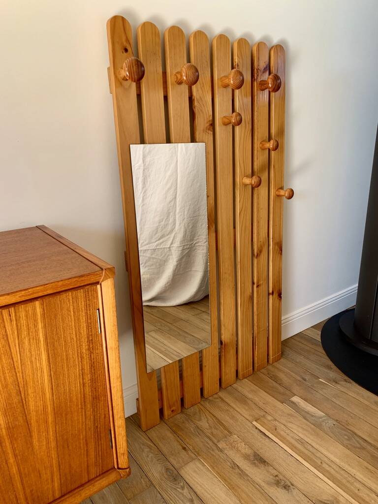 portemanteau vestiaire miroir en pin blond années 70-80
