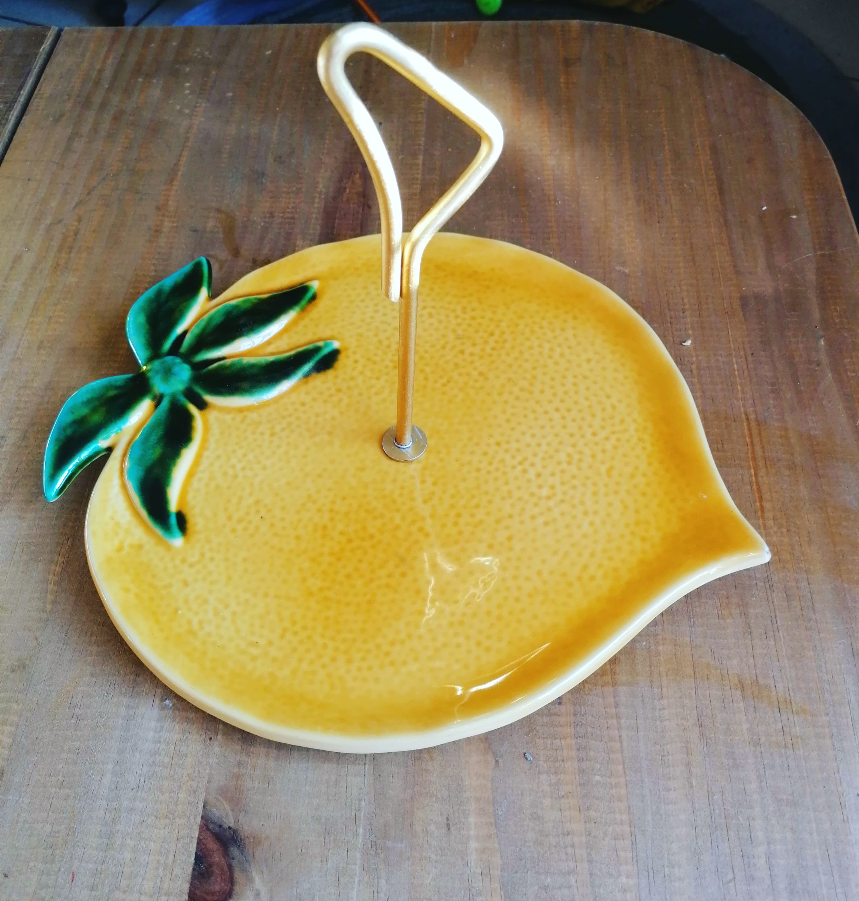 Old lemon-shaped cheese dish, vintage yellow ceramic brass handle 70s