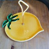 Old lemon-shaped cheese dish, vintage yellow ceramic brass handle 70s