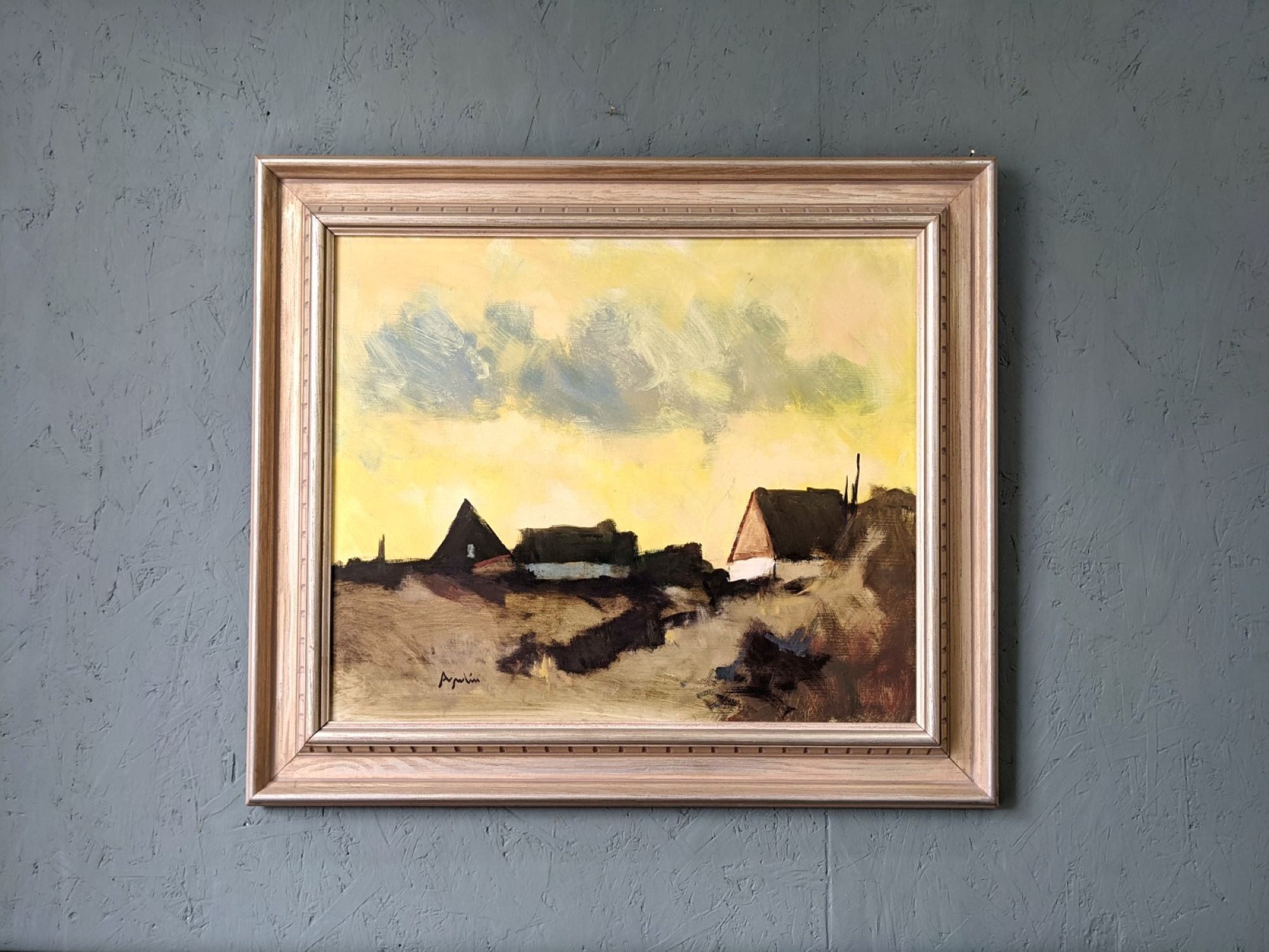 Mid-Century Modern Swedish "Yellow Skies" Vintage Landscape Oil Painting, Framed