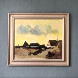 Mid-Century Modern Swedish "Yellow Skies" Vintage Landscape Oil Painting, Framed