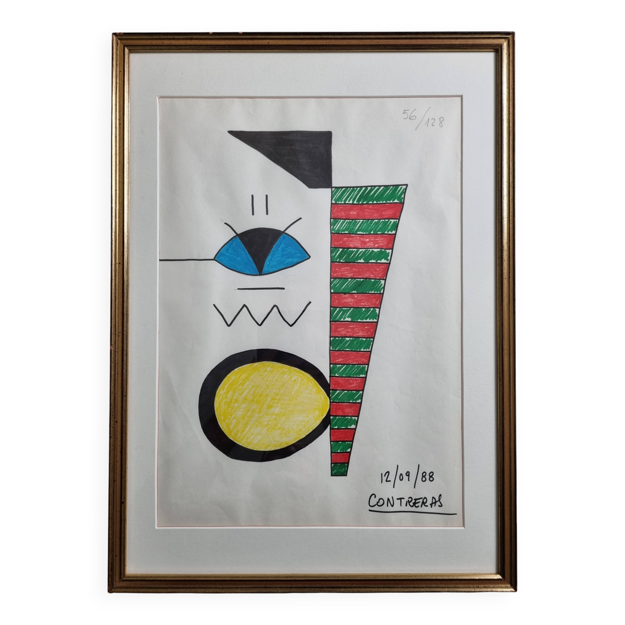 Abstract composition, original drawing signed Contreras, 1980s, 32 x 42 cm framed under glass