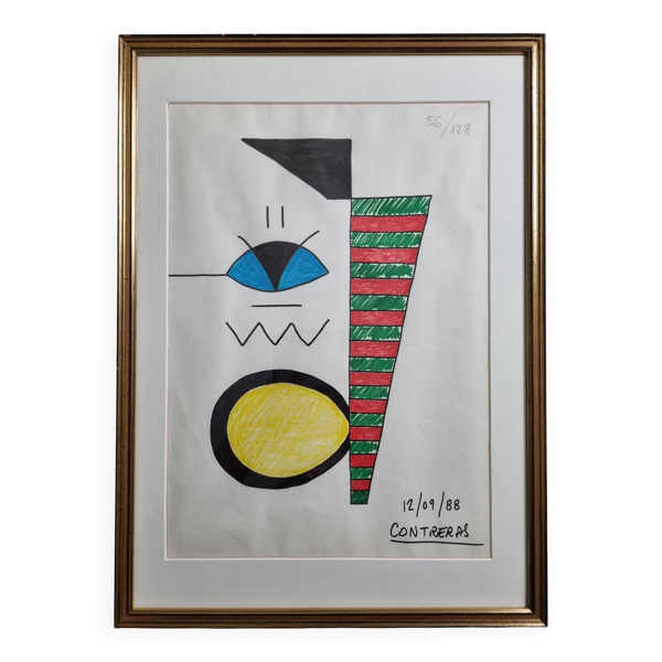 Composition abstraite, dessin original signé Contreras, années 80, 32 x 42 cm encadré sous verre