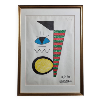 Composition abstraite, dessin original signé Contreras, années 80, 32 x 42 cm encadré sous verre