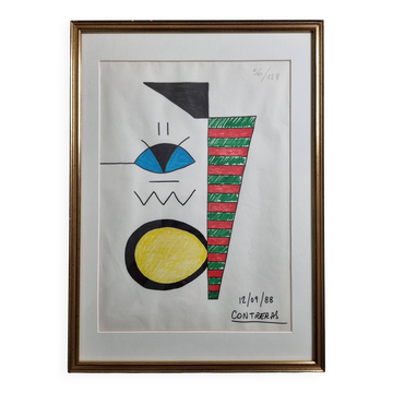 Abstract composition, original drawing signed Contreras, 1980s, 32 x 42 cm framed under glass