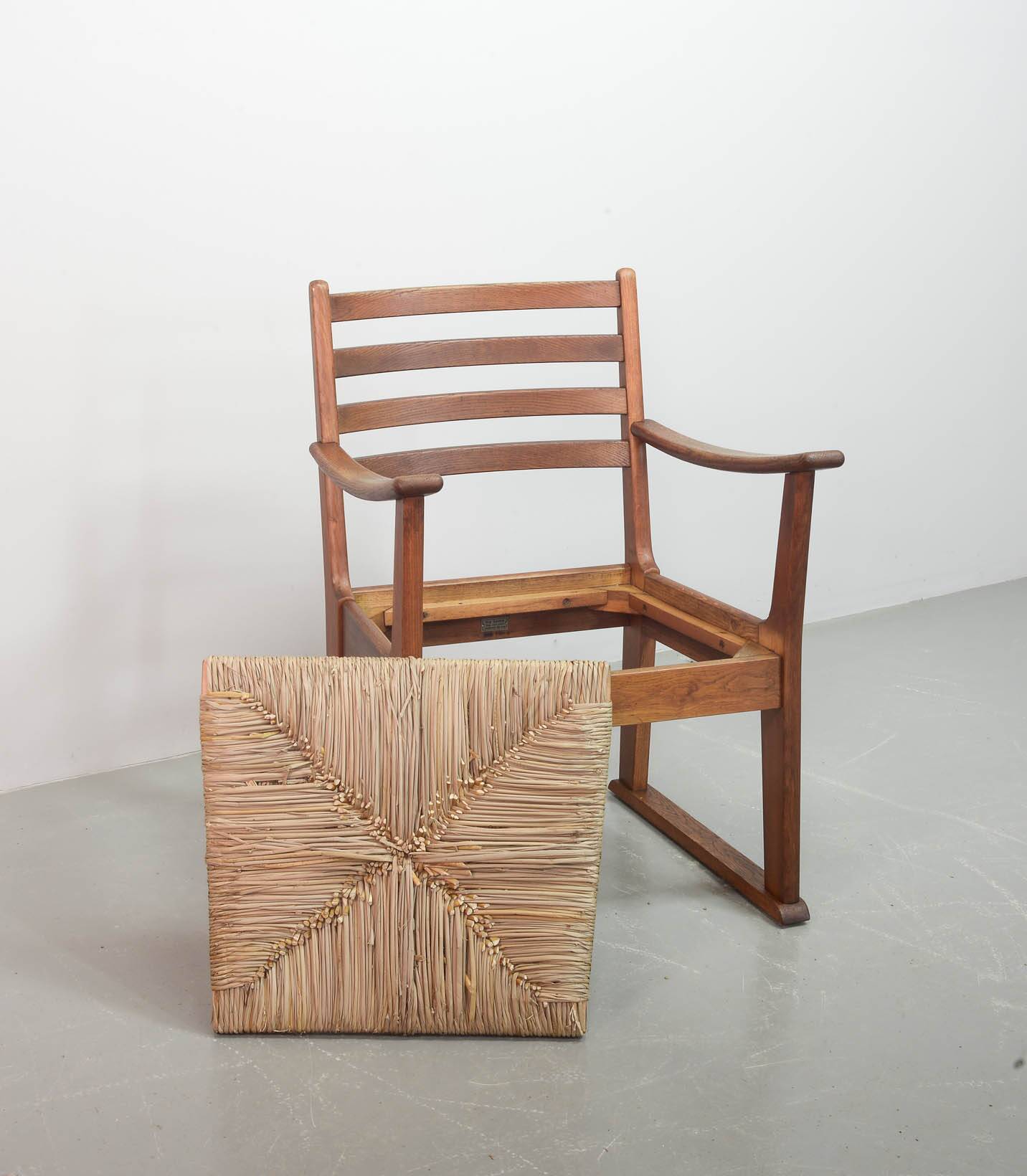 Rare Bas van Pelt Brutalist Oak Armchair with Woven Rush Seat for My Home