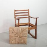 Rare Bas van Pelt Brutalist Oak Armchair with Woven Rush Seat for My Home
