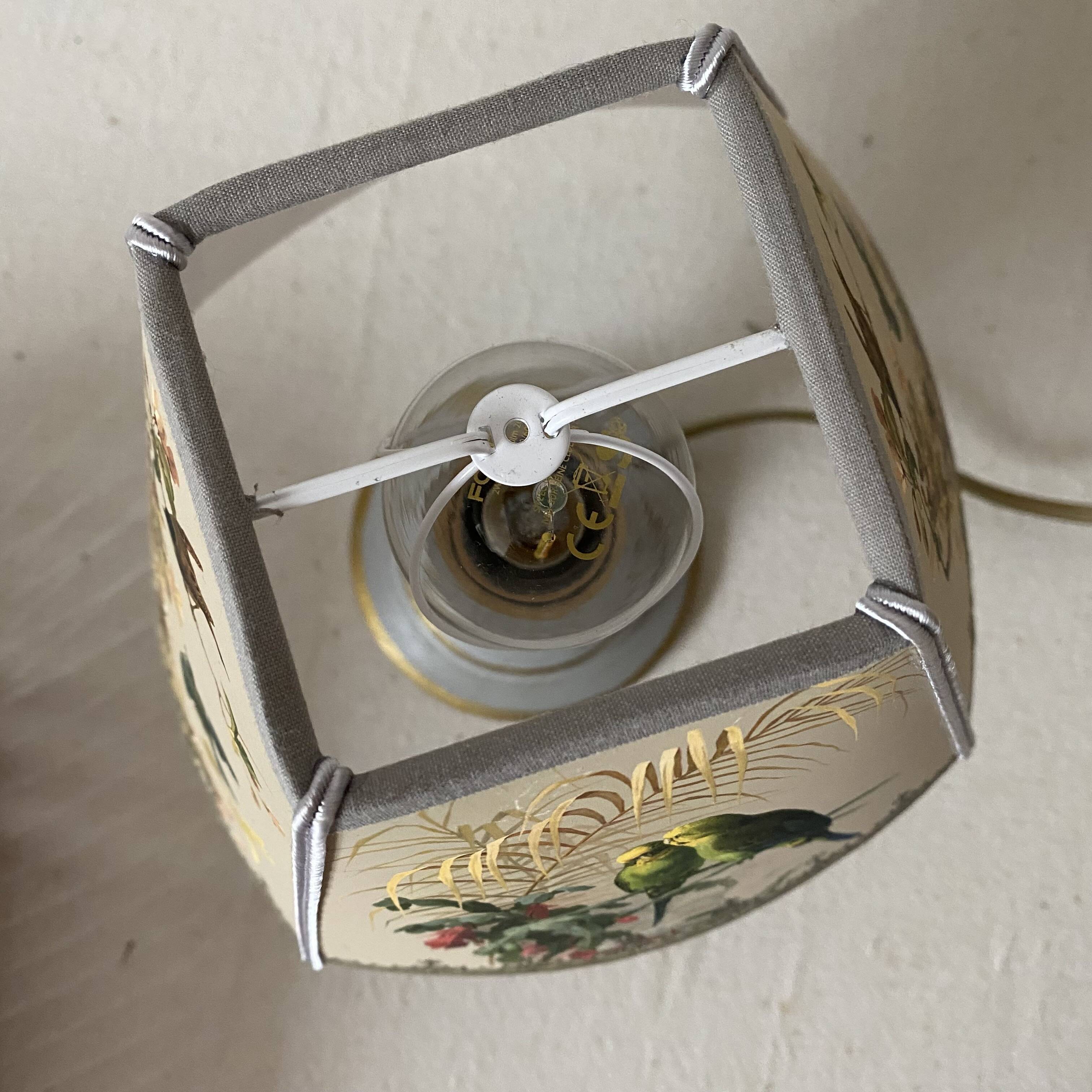 Vintage lamp, Tillier parakeets and sparrows lampshade