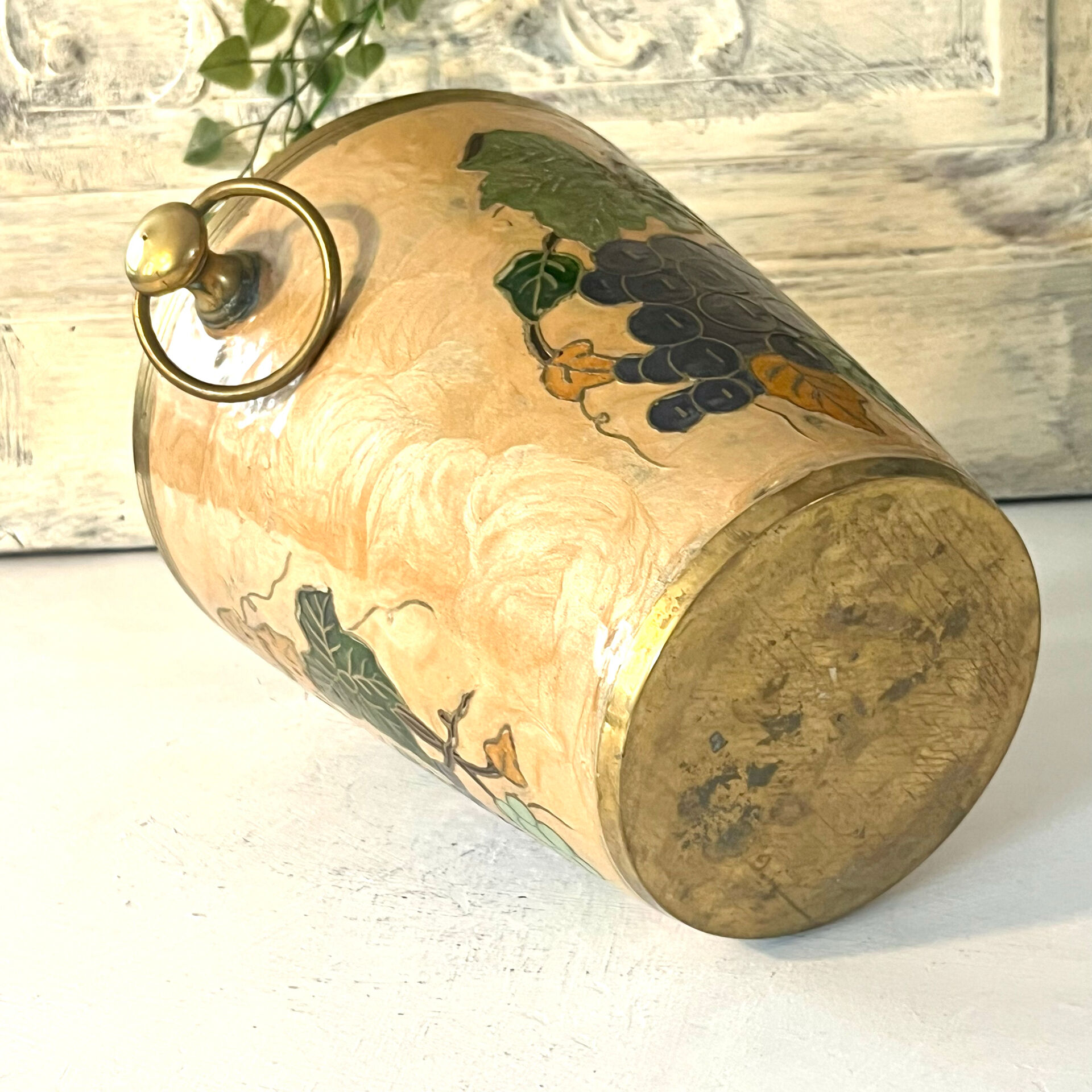 French vintage cloisonne champagne bucket with grape and vine design