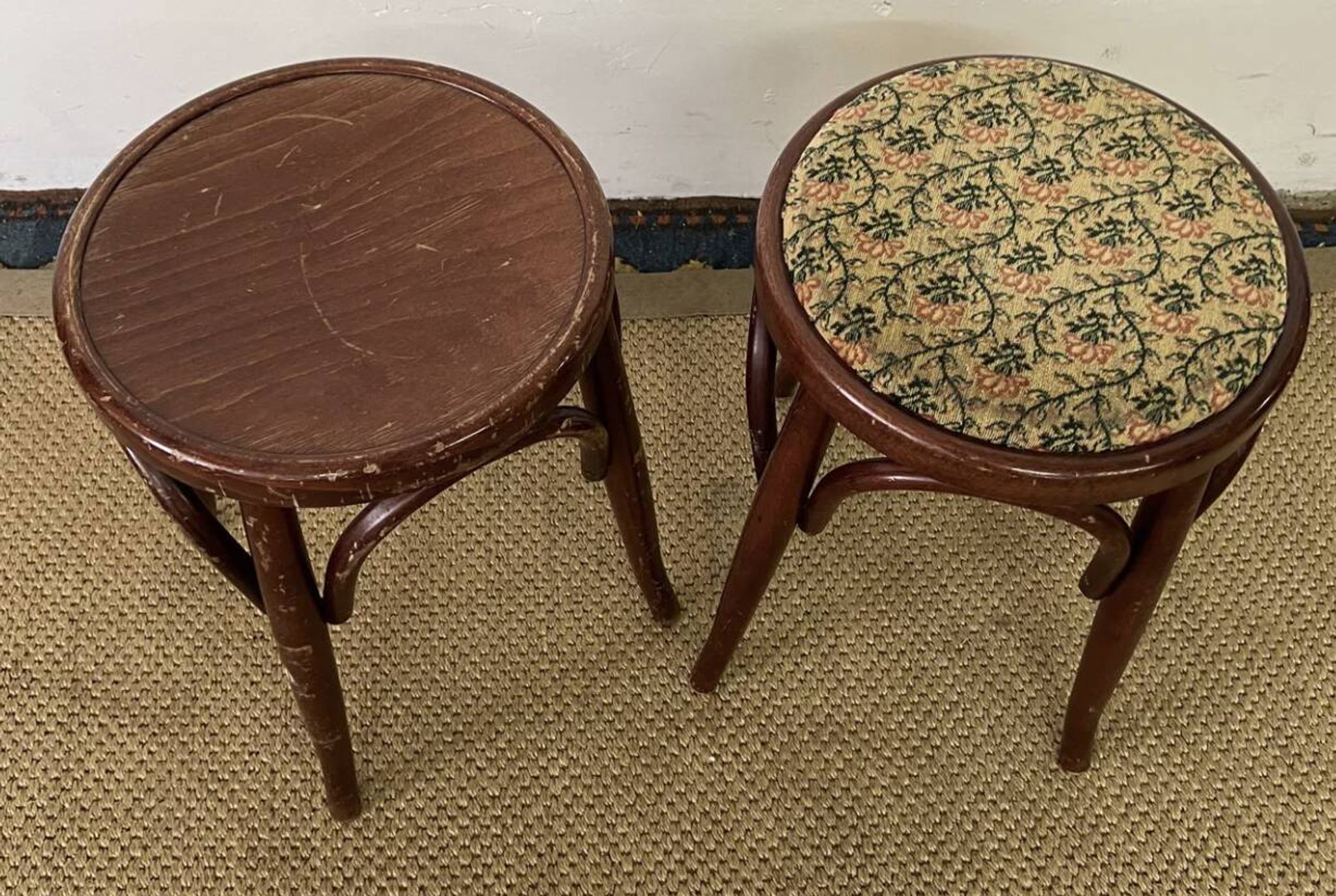 Pair of low stools in curved wood, vintage "Thonet" style