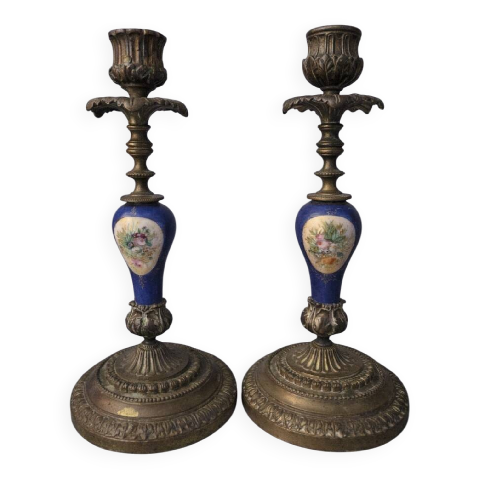 Pair of antique candlesticks in brass, bronze, and Sèvres porcelain – Floral decoration –