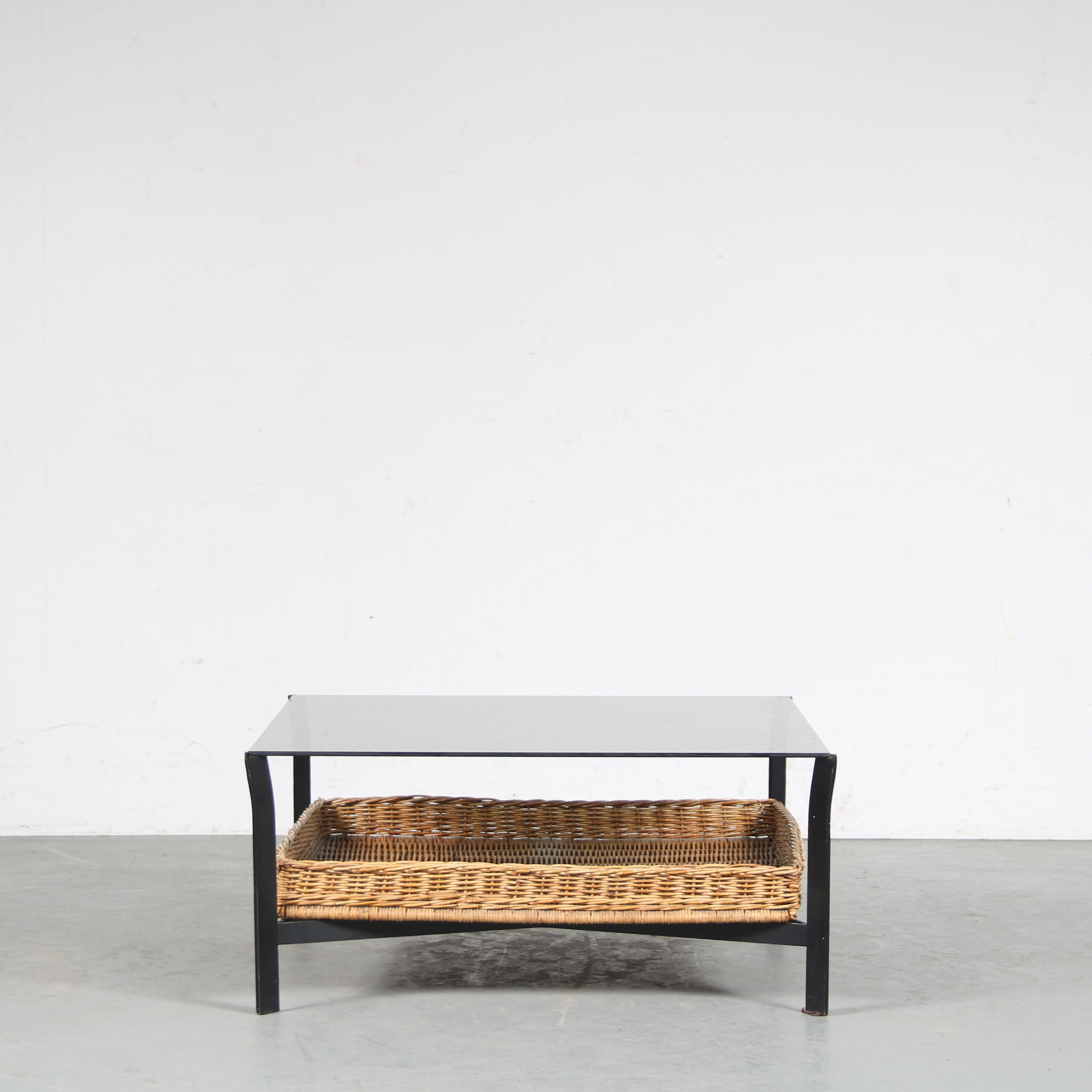 1960s Coffee table with wicker and smoked glass, Netherlands