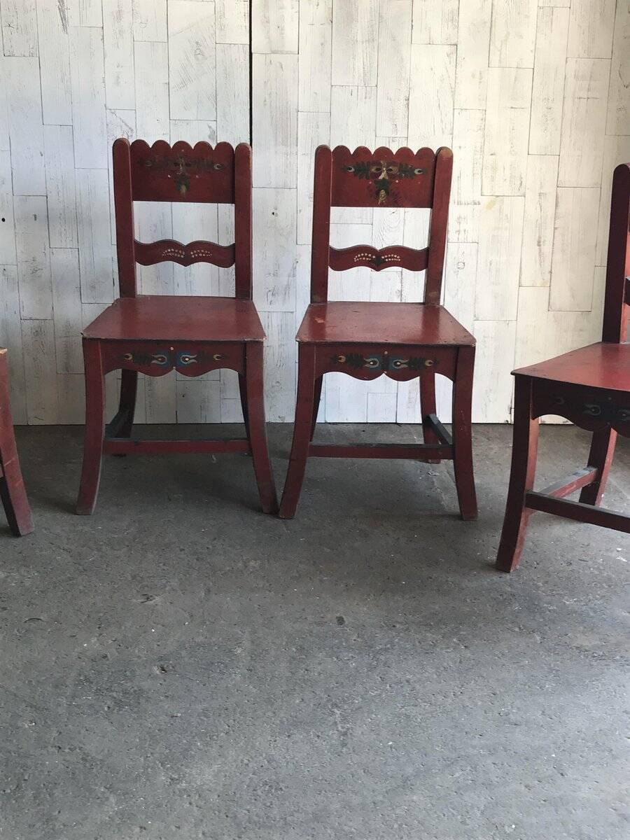 Lot de 4 chaises anciennes en bois peint marron pour salle à manger, décor floral peint main