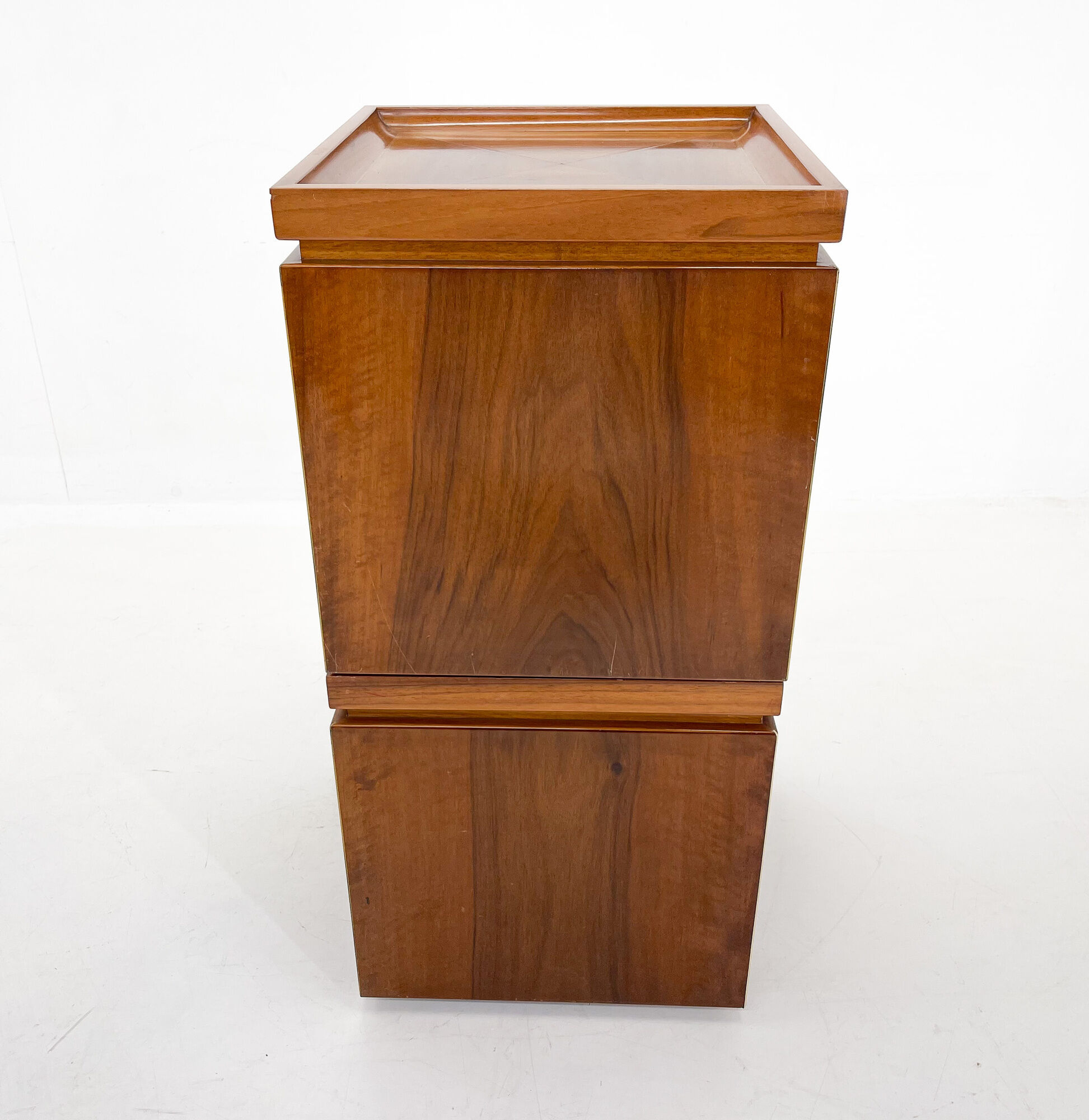Set of walnut veneer side or night tables with brass detail, Italy 1950s