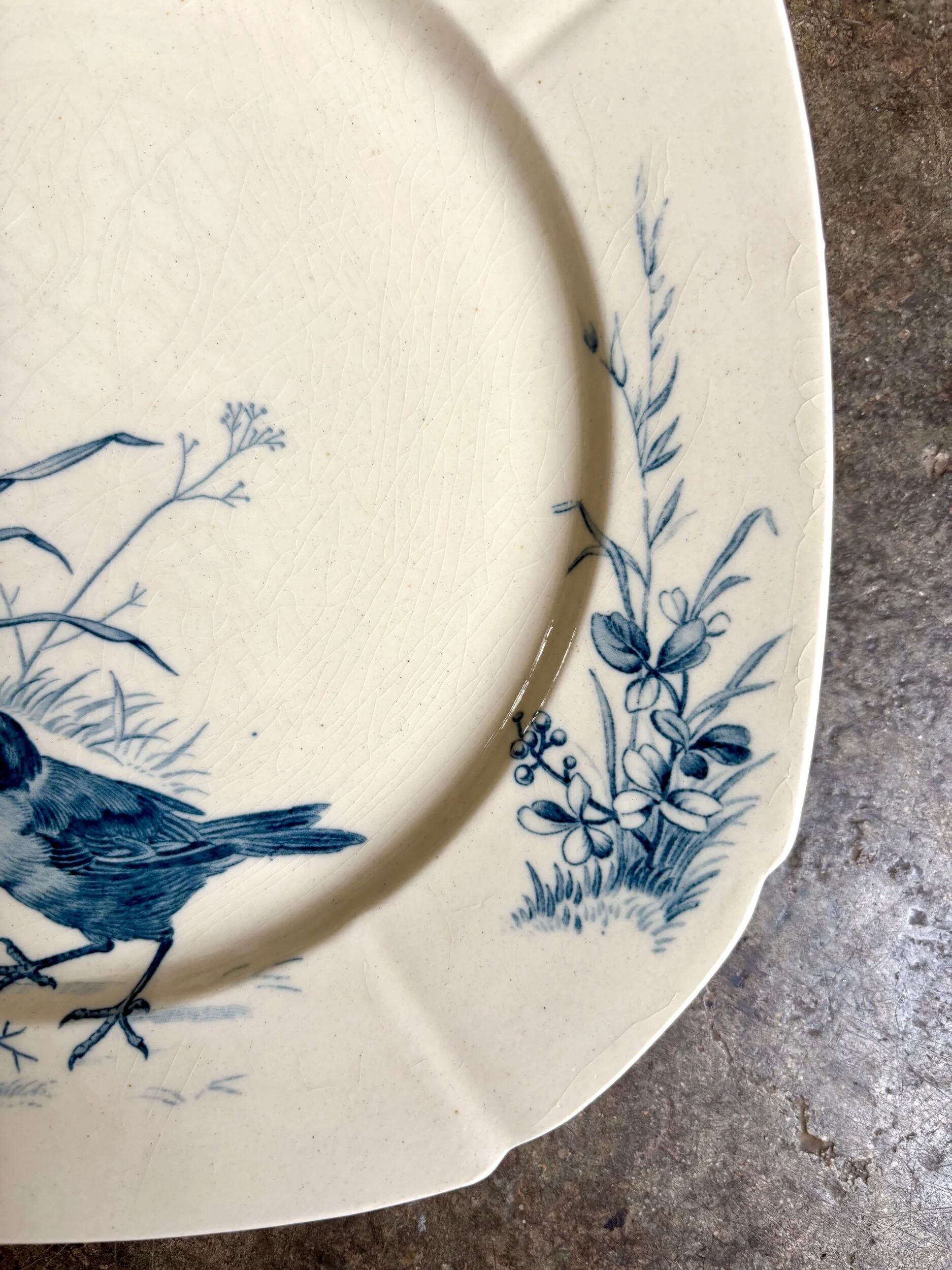 Blue ironstone plate from Gien, "Birds" service, circa 1870, no. 6.