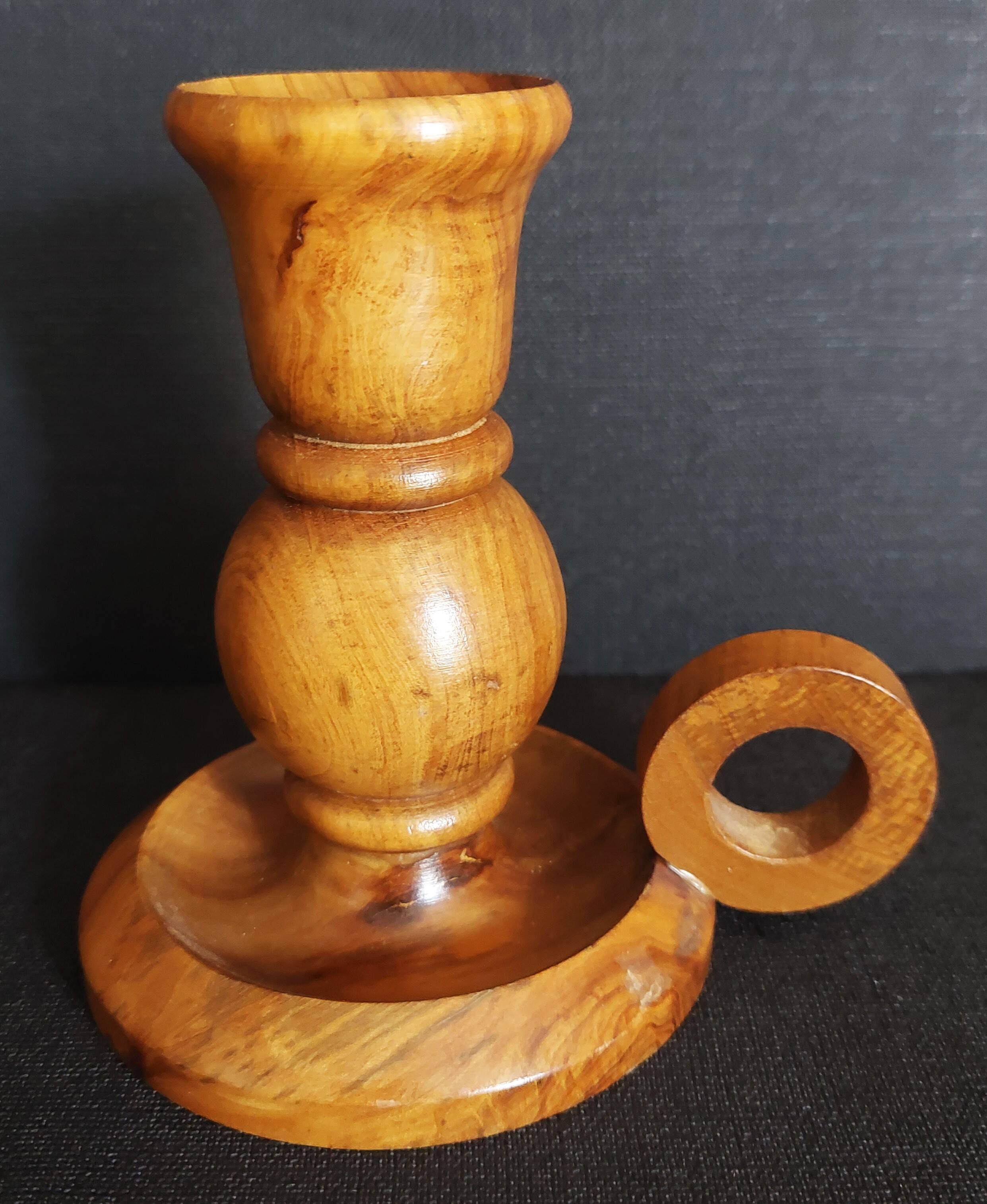 Vintage olive wood hand candle holder Oliv art made in Spain