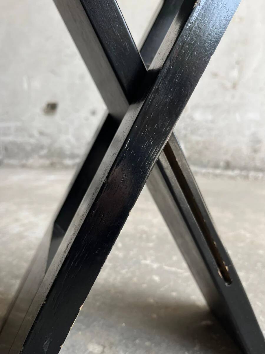 Suzy folding chair by Adrian Reed — Brown wooden mid-century minimalist folding chair, compact X-frame