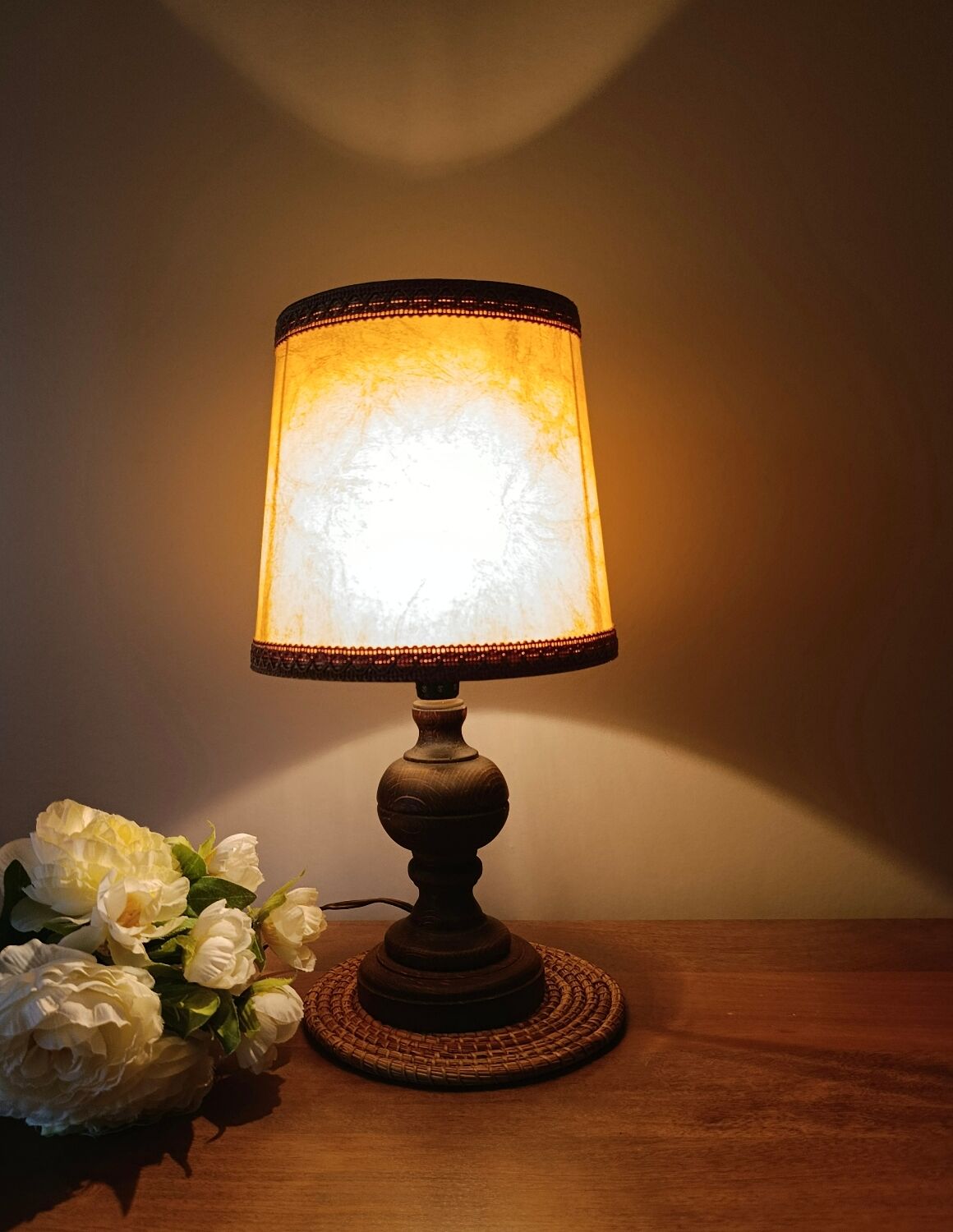 turned wooden table lamp, vintage leather shade
