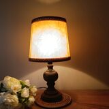 turned wooden table lamp, vintage leather shade