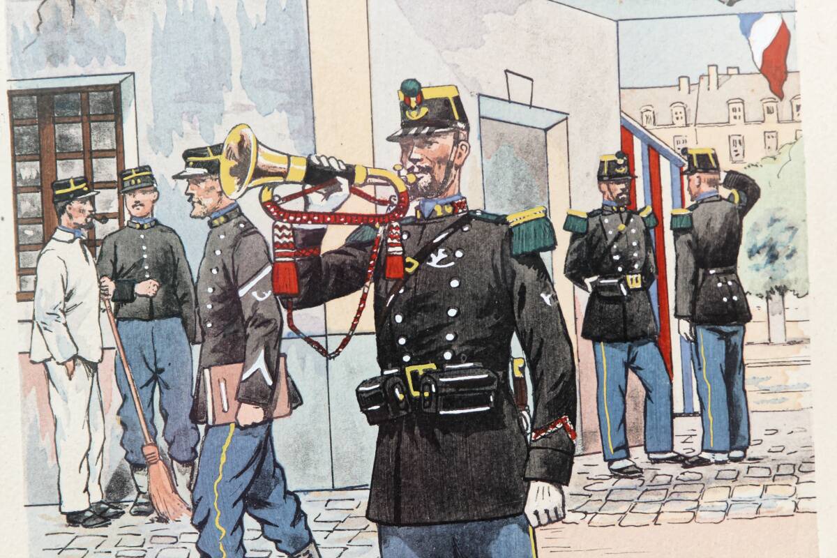 Set of 3 military drawings, watercolor and gouache by Pierre Albert Leroux